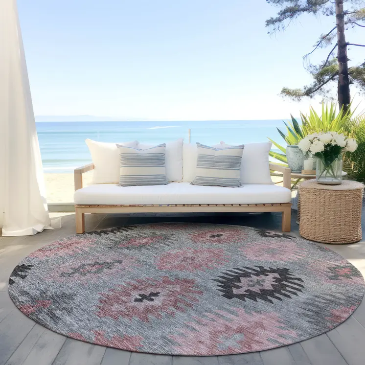 8' Gray Mauve And Charcoal Round Southwestern Washable Indoor Outdoor Area Rug