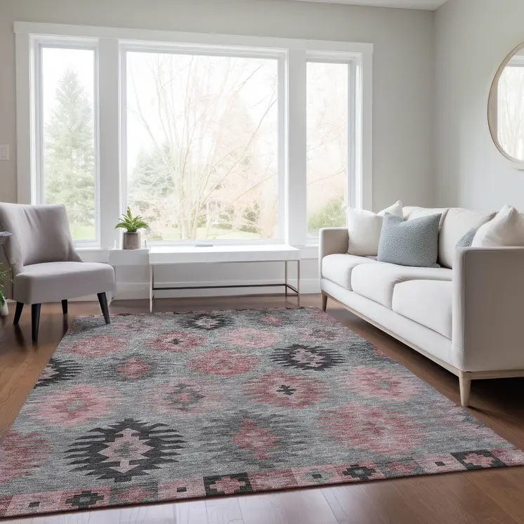 9' X 12' Gray Mauve And Charcoal Southwestern Washable Indoor Outdoor Area Rug