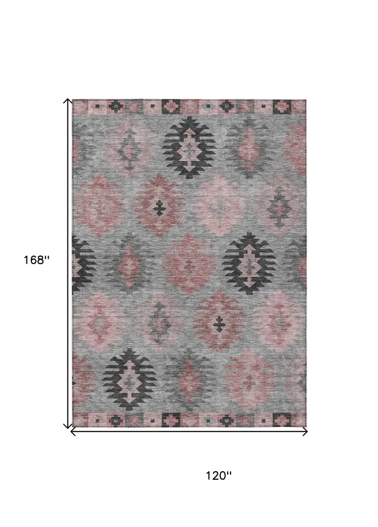 10' X 14' Gray Mauve And Charcoal Southwestern Washable Indoor Outdoor Area Rug
