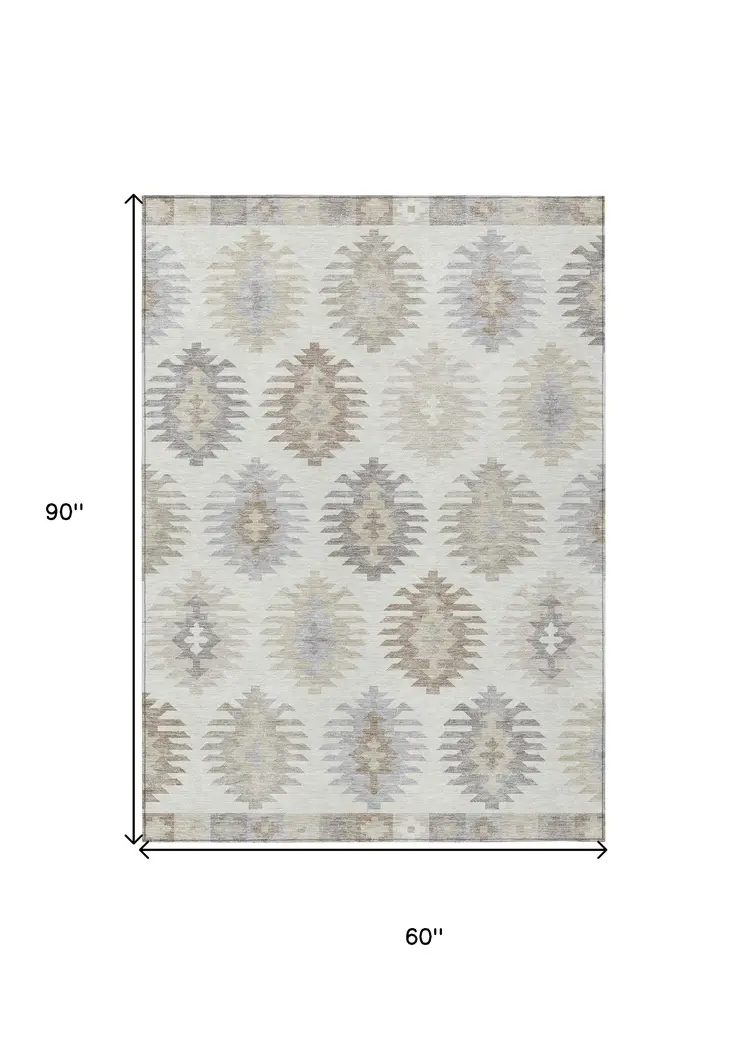 5' X 8' Ivory Khaki And Gray Southwestern Washable Indoor Outdoor Area Rug