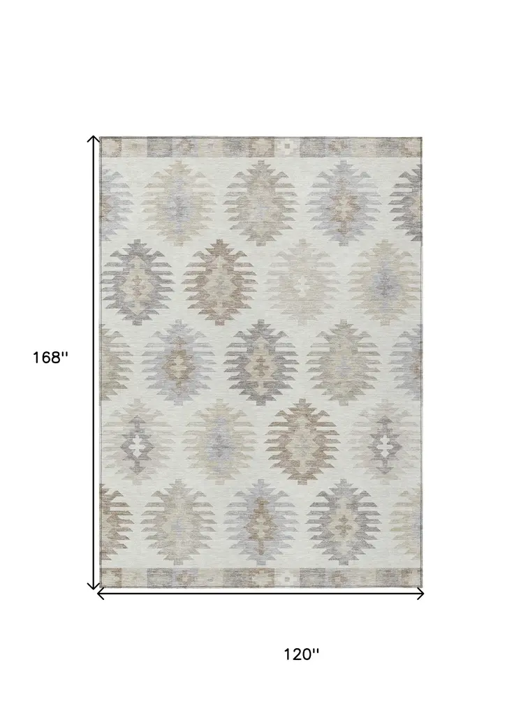 10' X 14' Ivory Khaki And Gray Southwestern Washable Indoor Outdoor Area Rug