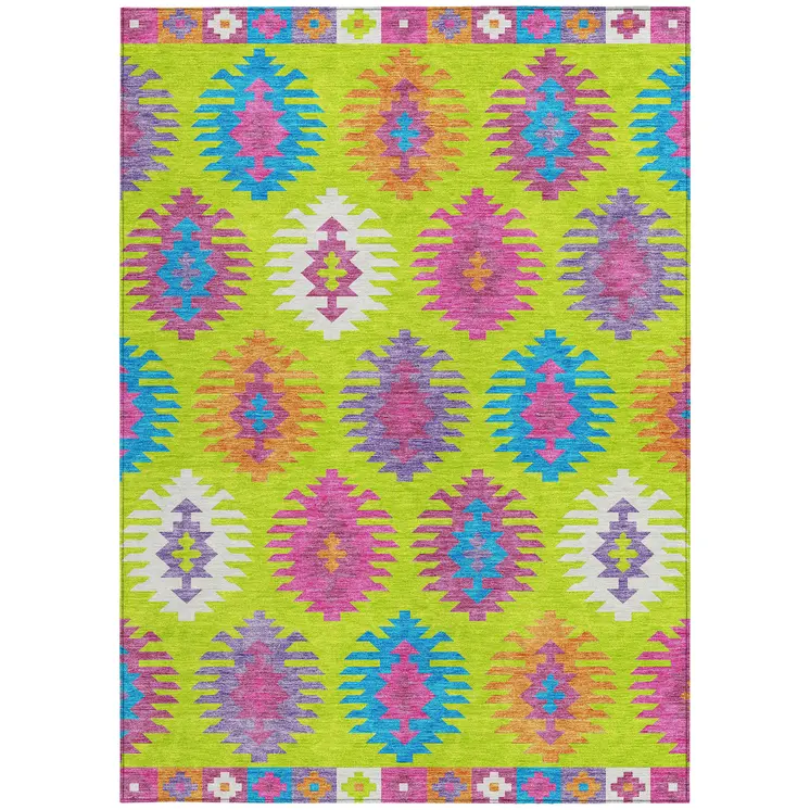8' X 10' Lime Green Pink And Purple Southwestern Washable Indoor Outdoor Area Rug