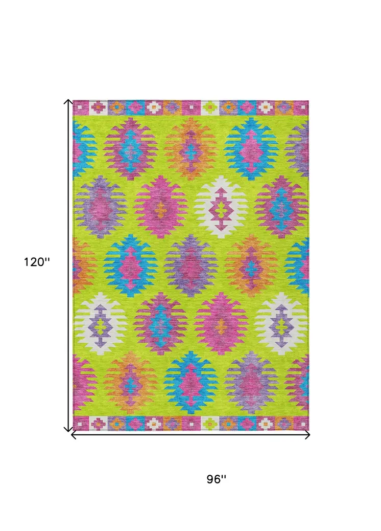 8' X 10' Lime Green Pink And Purple Southwestern Washable Indoor Outdoor Area Rug
