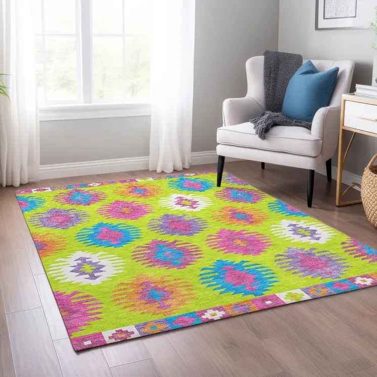 8' X 10' Lime Green Pink And Purple Southwestern Washable Indoor Outdoor Area Rug