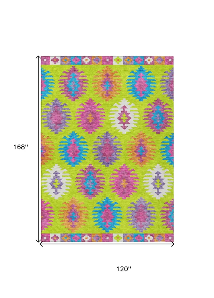 10' X 14' Lime Green Pink And Purple Southwestern Washable Indoor Outdoor Area Rug