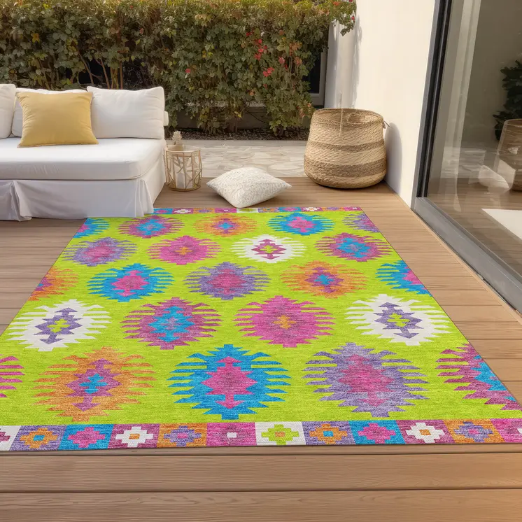 10' X 14' Lime Green Pink And Purple Southwestern Washable Indoor Outdoor Area Rug