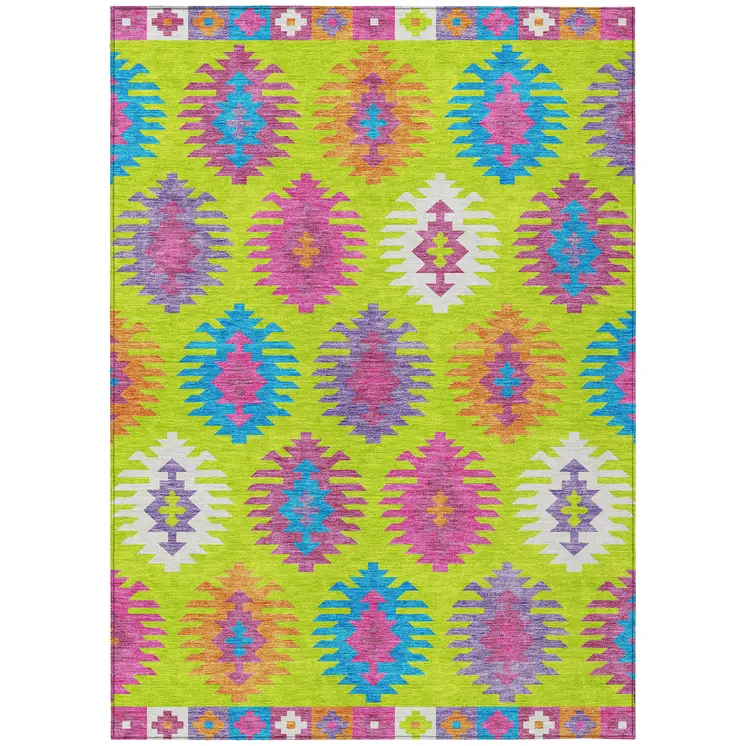 10' X 14' Lime Green Pink And Purple Southwestern Washable Indoor Outdoor Area Rug