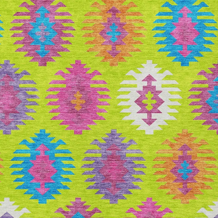 10' X 14' Lime Green Pink And Purple Southwestern Washable Indoor Outdoor Area Rug