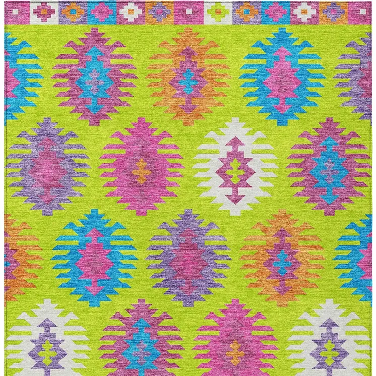 10' X 14' Lime Green Pink And Purple Southwestern Washable Indoor Outdoor Area Rug