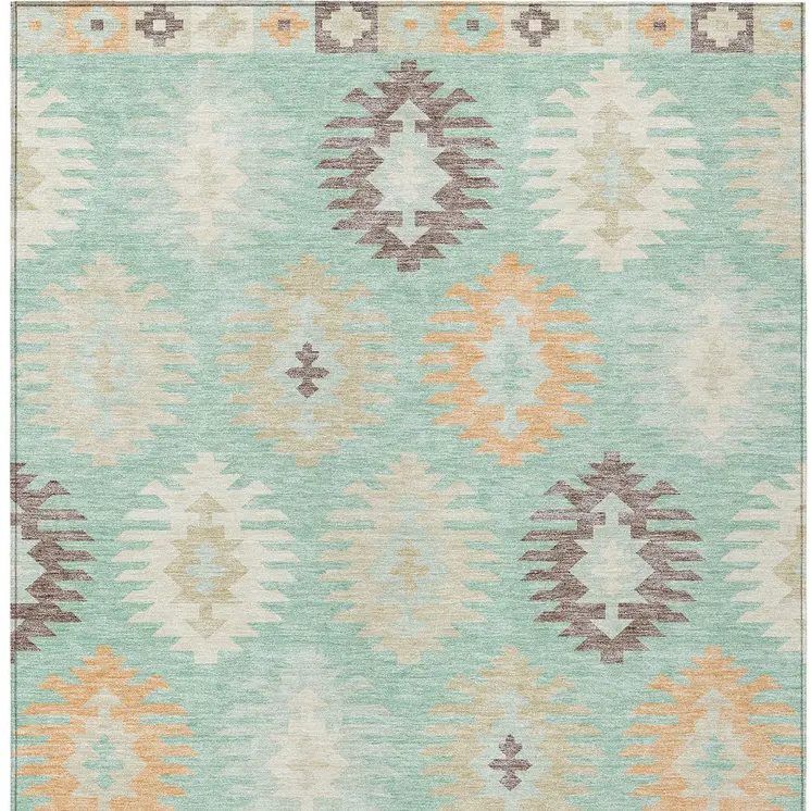 5' X 8' Mint Green Taupe And Peach Southwestern Washable Indoor Outdoor Area Rug