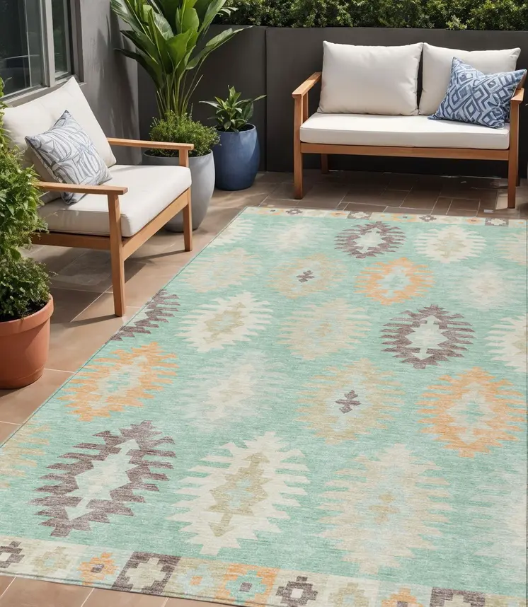 5' X 8' Mint Green Taupe And Peach Southwestern Washable Indoor Outdoor Area Rug