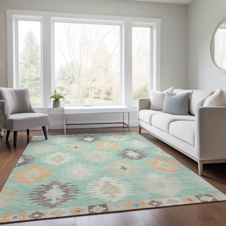 5' X 8' Mint Green Taupe And Peach Southwestern Washable Indoor Outdoor Area Rug