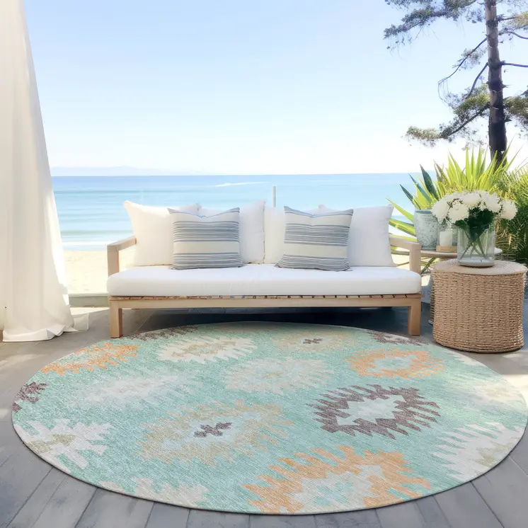 8' Mint Green Taupe And Peach Round Southwestern Washable Indoor Outdoor Area Rug