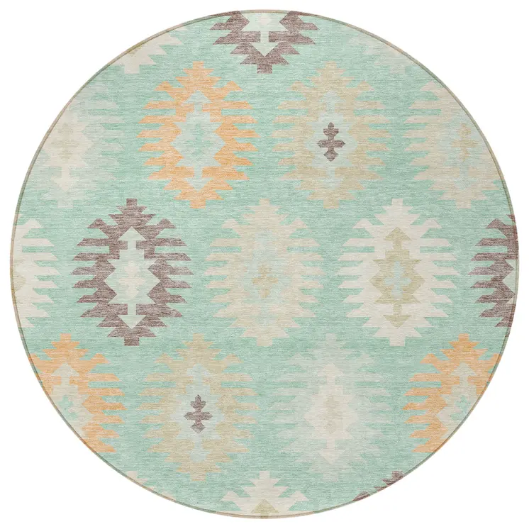 8' Mint Green Taupe And Peach Round Southwestern Washable Indoor Outdoor Area Rug
