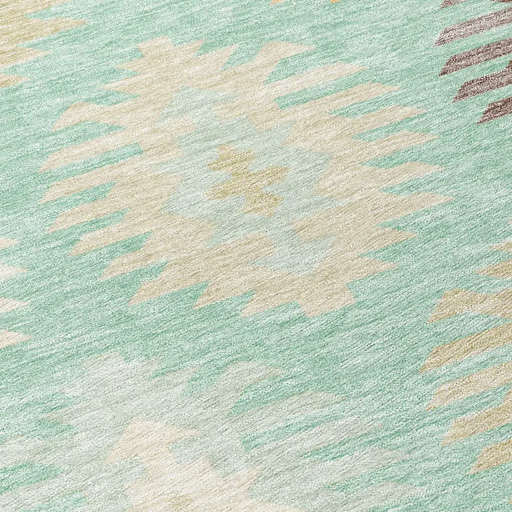 8' Mint Green Taupe And Peach Round Southwestern Washable Indoor Outdoor Area Rug