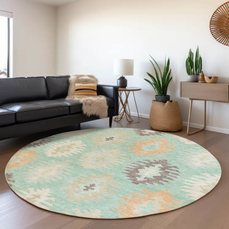 8' Mint Green Taupe And Peach Round Southwestern Washable Indoor Outdoor Area Rug