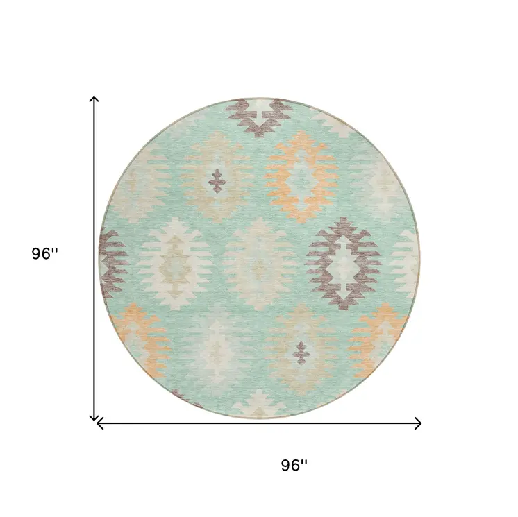8' Mint Green Taupe And Peach Round Southwestern Washable Indoor Outdoor Area Rug