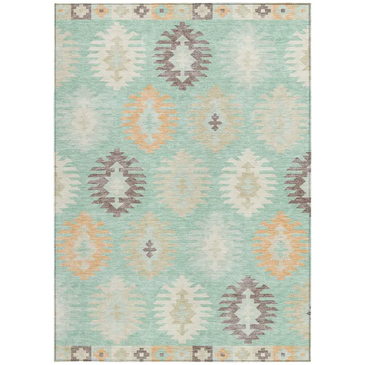 8' X 10' Mint Green Taupe And Peach Southwestern Washable Indoor Outdoor Area Rug