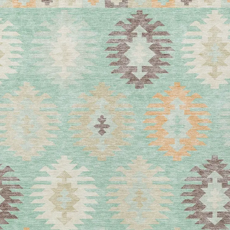 9' X 12' Mint Green Taupe And Peach Southwestern Washable Indoor Outdoor Area Rug