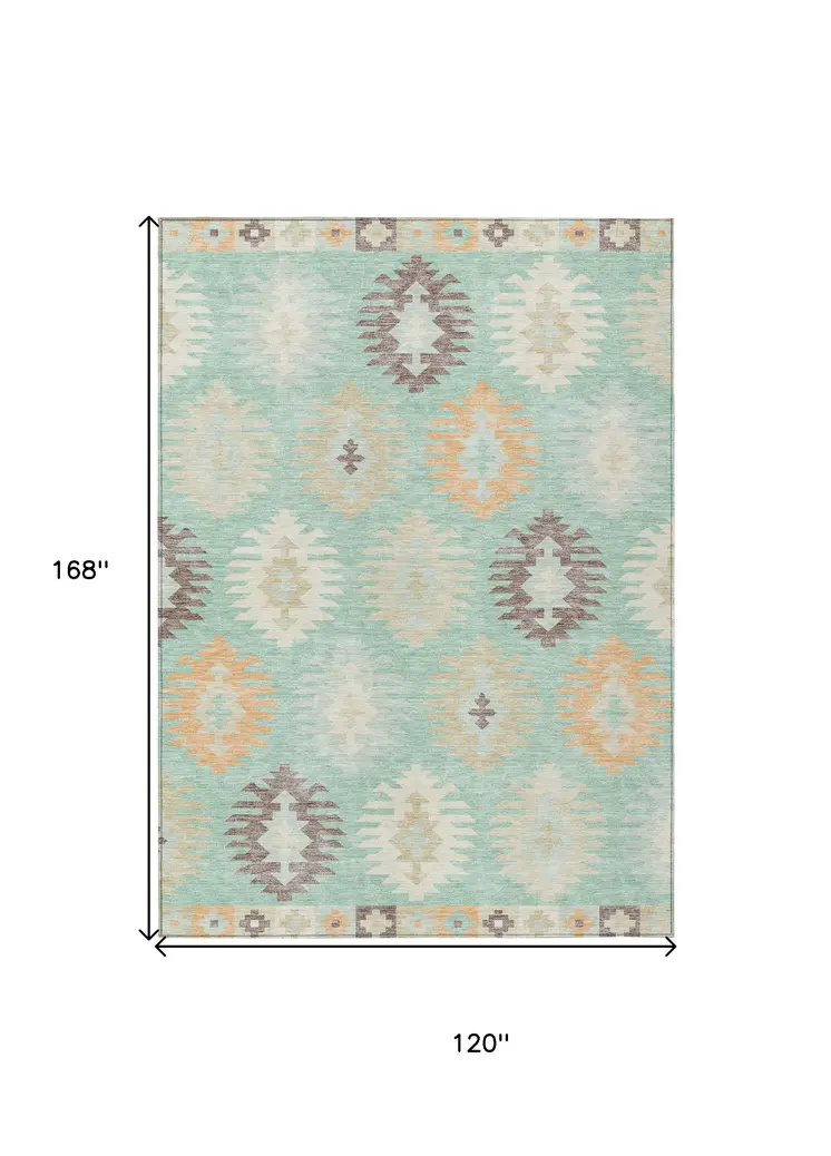 10' X 14' Mint Green Taupe And Peach Southwestern Washable Indoor Outdoor Area Rug