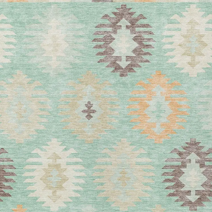 10' X 14' Mint Green Taupe And Peach Southwestern Washable Indoor Outdoor Area Rug