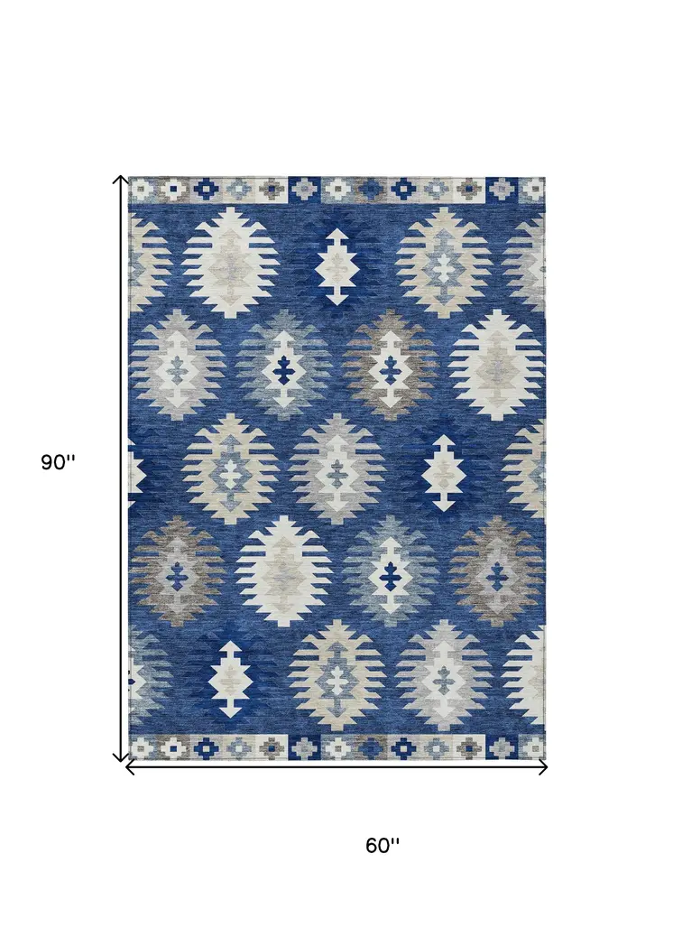 5' X 8' Navy Blue Ivory And Gray Southwestern Washable Indoor Outdoor Area Rug