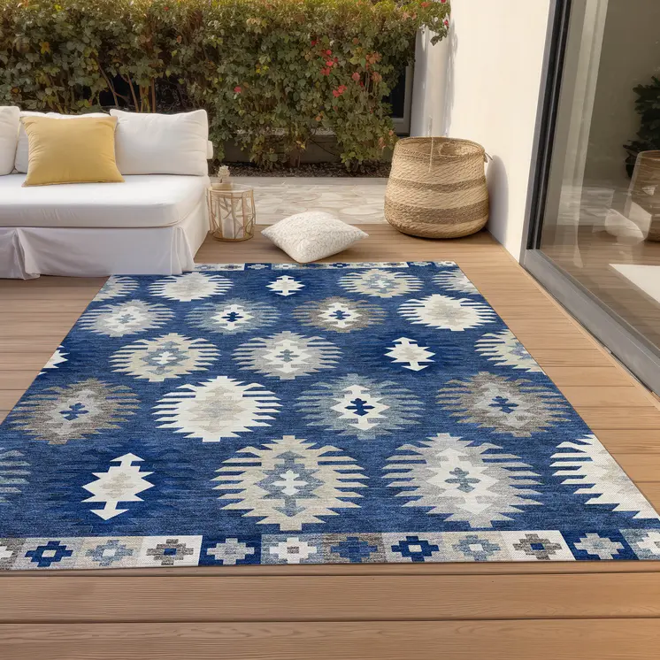 5' X 8' Navy Blue Ivory And Gray Southwestern Washable Indoor Outdoor Area Rug