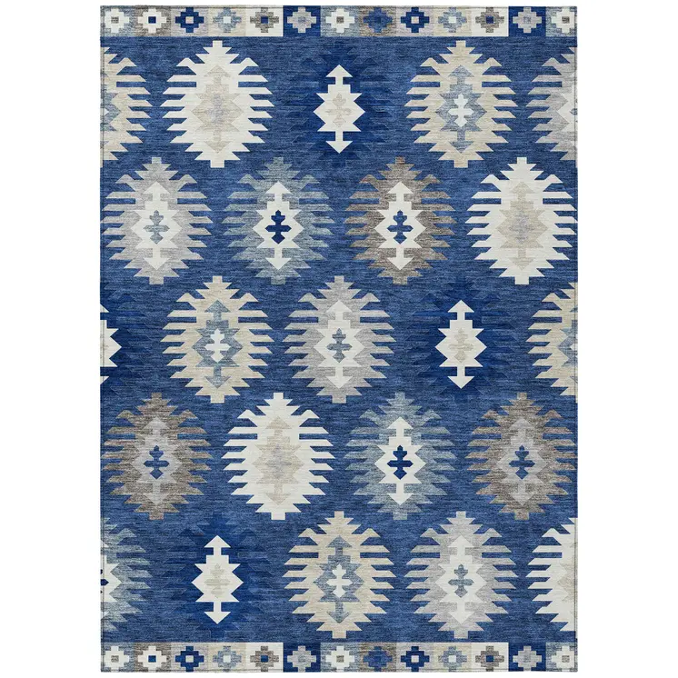5' X 8' Navy Blue Ivory And Gray Southwestern Washable Indoor Outdoor Area Rug