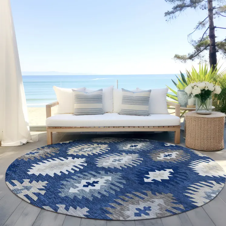8' Navy Blue Ivory And Gray Round Southwestern Washable Indoor Outdoor Area Rug