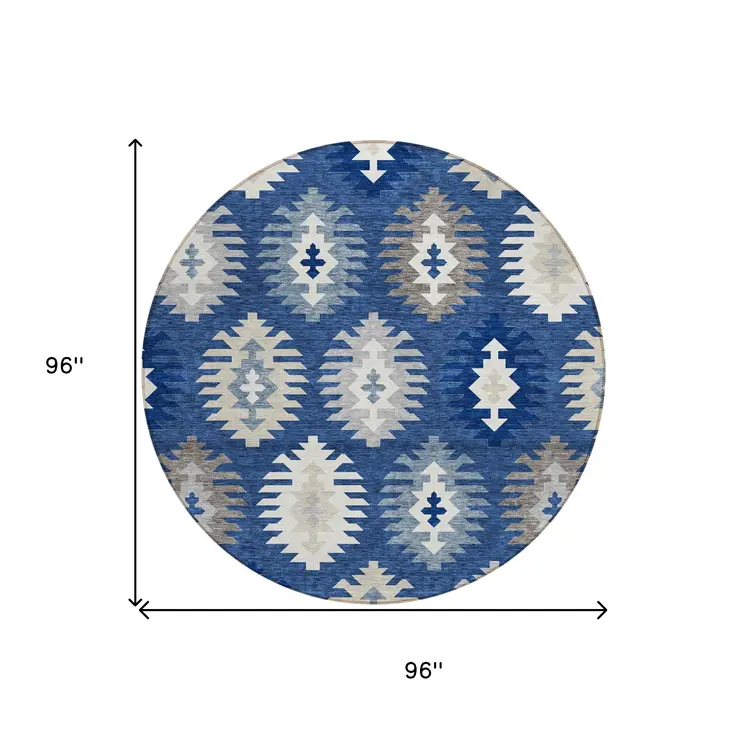 8' Navy Blue Ivory And Gray Round Southwestern Washable Indoor Outdoor Area Rug