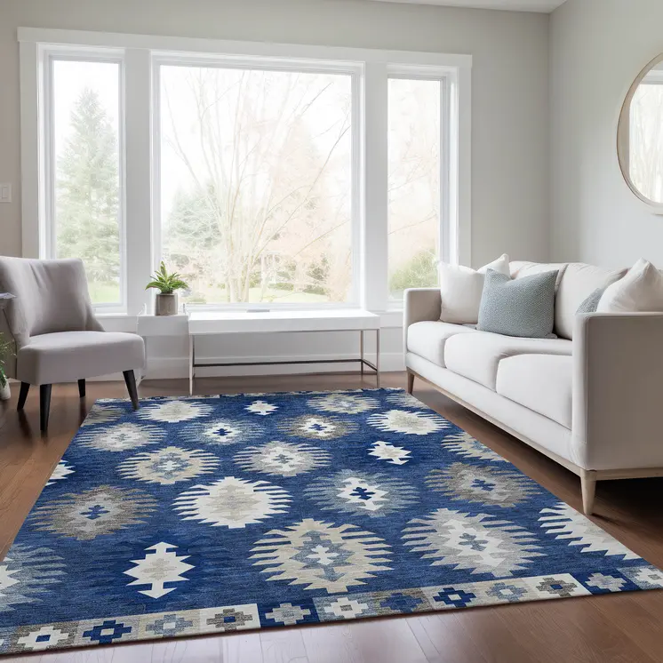 8' X 10' Navy Blue Ivory And Gray Southwestern Washable Indoor Outdoor Area Rug