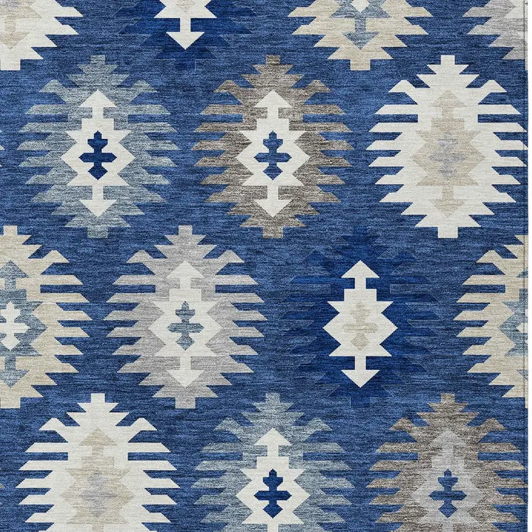 10' X 14' Navy Blue Ivory And Gray Southwestern Washable Indoor Outdoor Area Rug