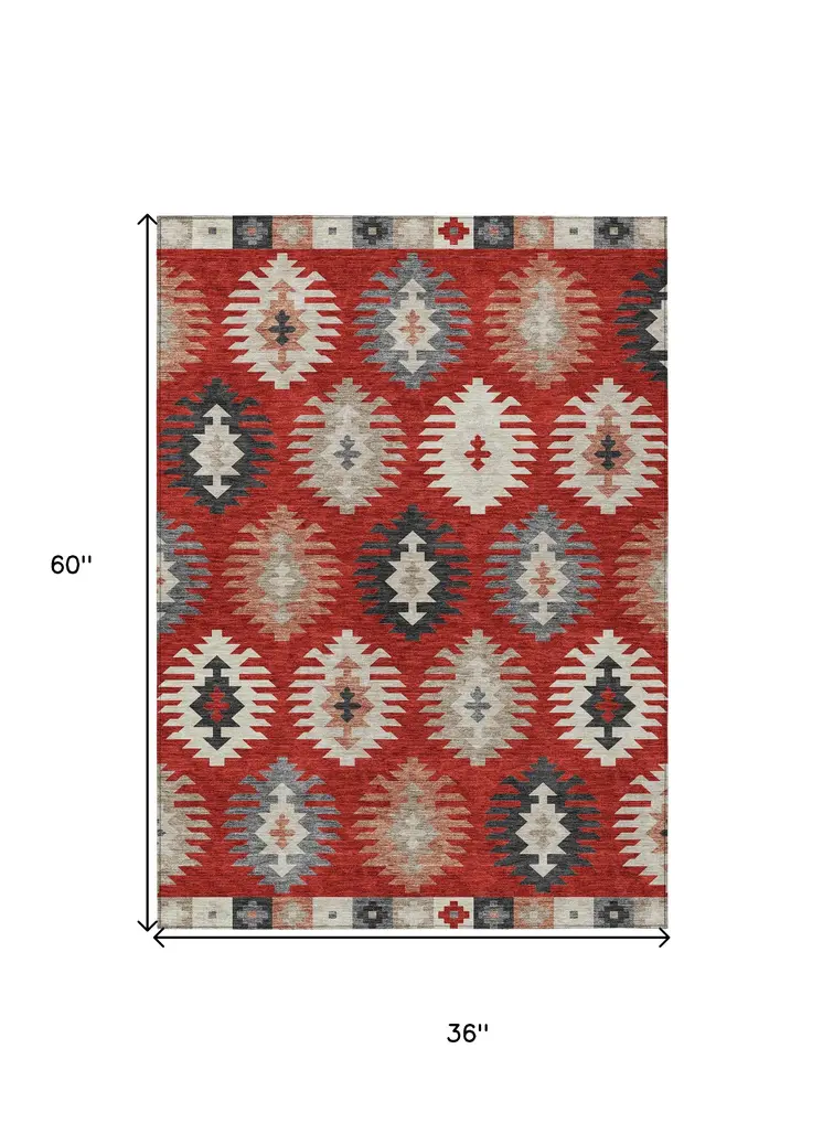 3' X 5' Red Ivory And Salmon Southwestern Washable Indoor Outdoor Area Rug