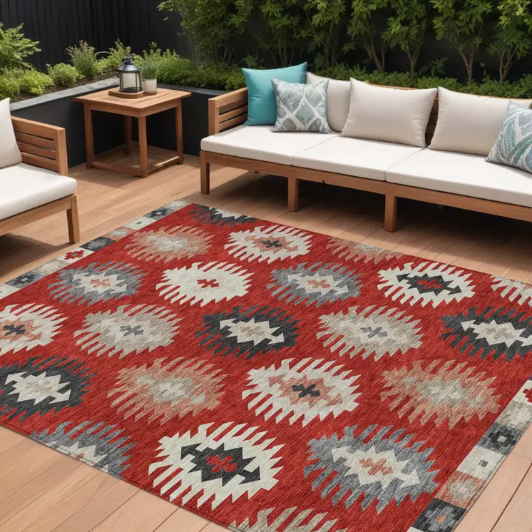 8' X 10' Red Ivory And Salmon Southwestern Washable Indoor Outdoor Area Rug
