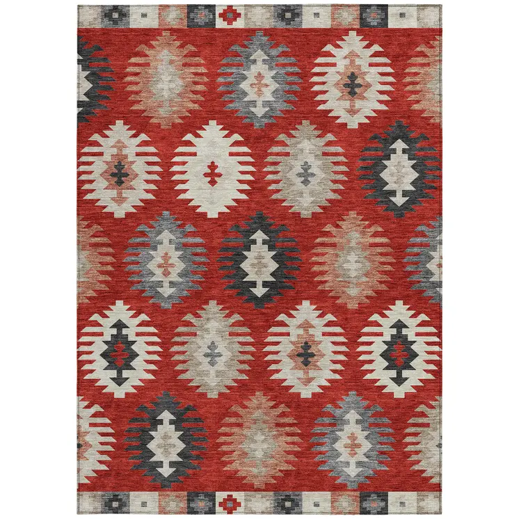 9' X 12' Red Ivory And Salmon Southwestern Washable Indoor Outdoor Area Rug