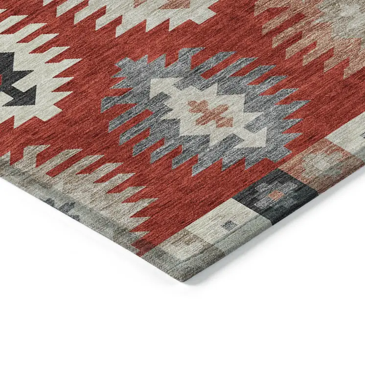 9' X 12' Red Ivory And Salmon Southwestern Washable Indoor Outdoor Area Rug
