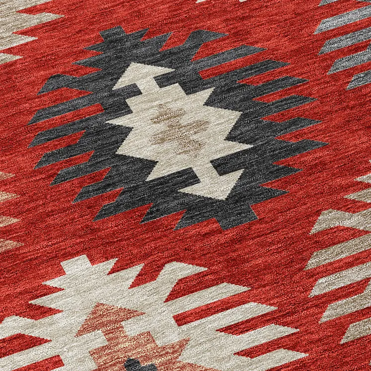 9' X 12' Red Ivory And Salmon Southwestern Washable Indoor Outdoor Area Rug