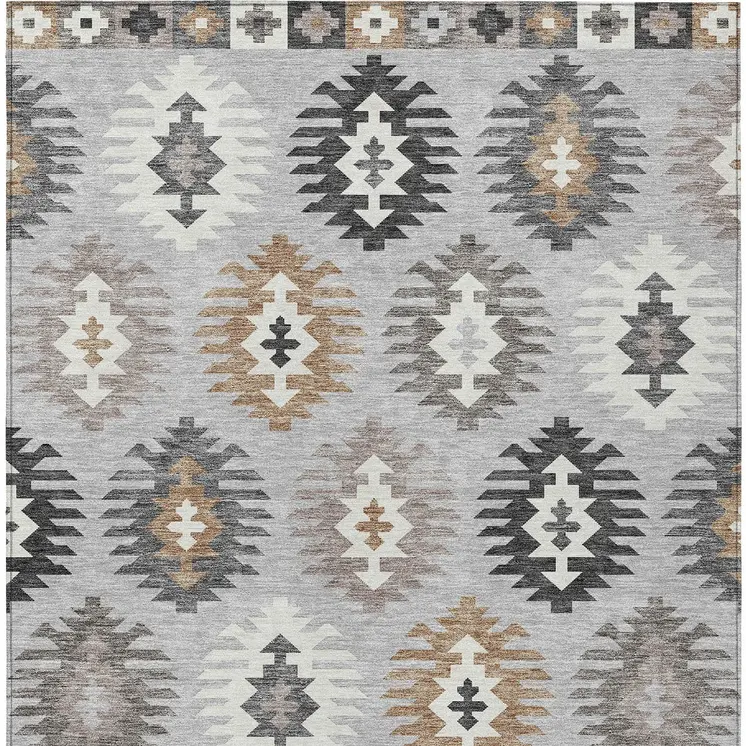 5' X 8' Silver Beige And Charcoal Southwestern Washable Indoor Outdoor Area Rug