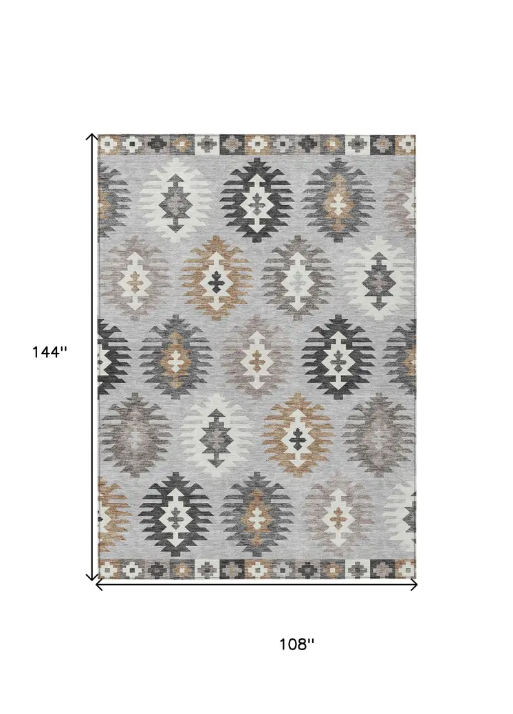 9' X 12' Silver Beige And Charcoal Southwestern Washable Indoor Outdoor Area Rug