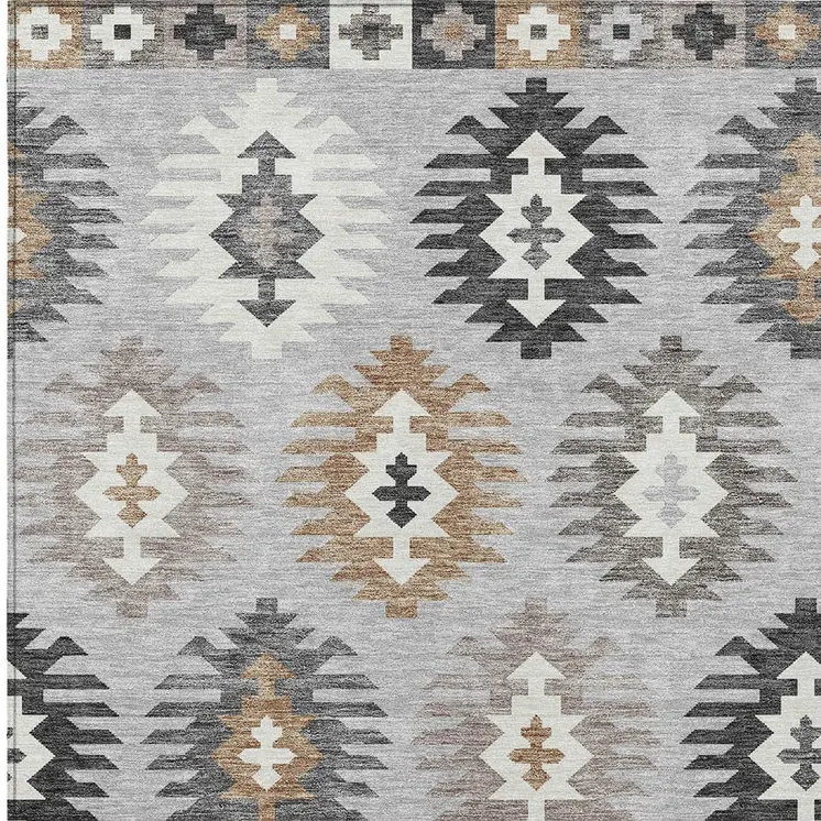 9' X 12' Silver Beige And Charcoal Southwestern Washable Indoor Outdoor Area Rug