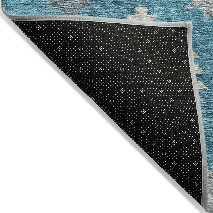 8' Teal Blue Ivory And Gray Round Southwestern Washable Indoor Outdoor Area Rug