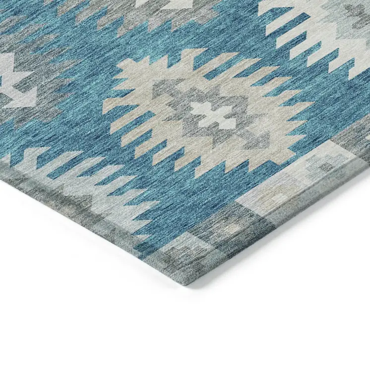 8' Teal Blue Ivory And Gray Round Southwestern Washable Indoor Outdoor Area Rug