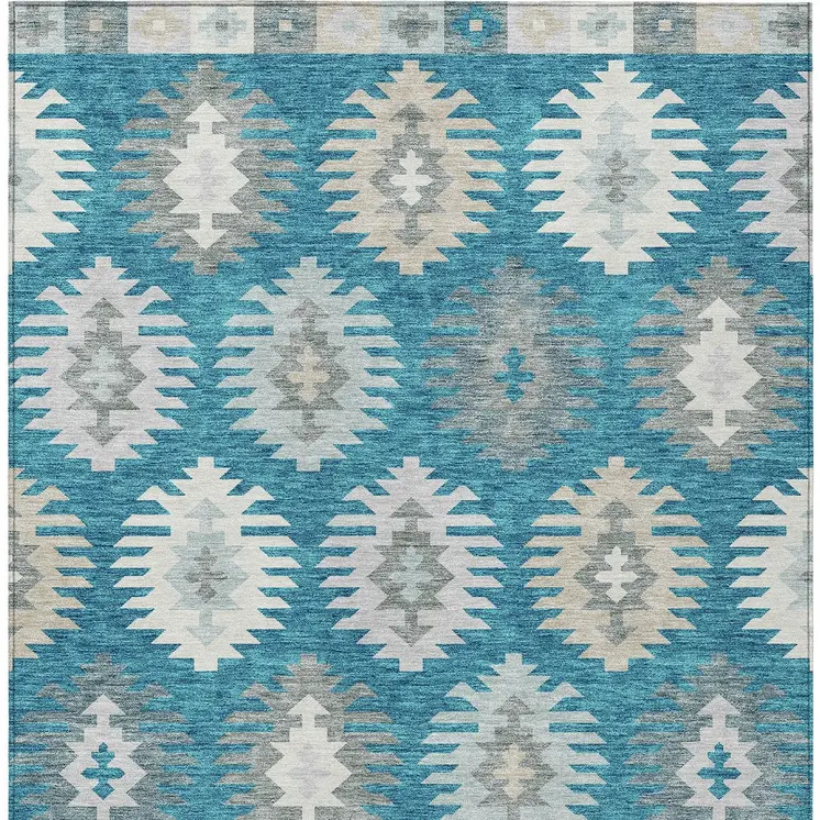 9' X 12' Teal Blue Ivory And Gray Southwestern Washable Indoor Outdoor Area Rug