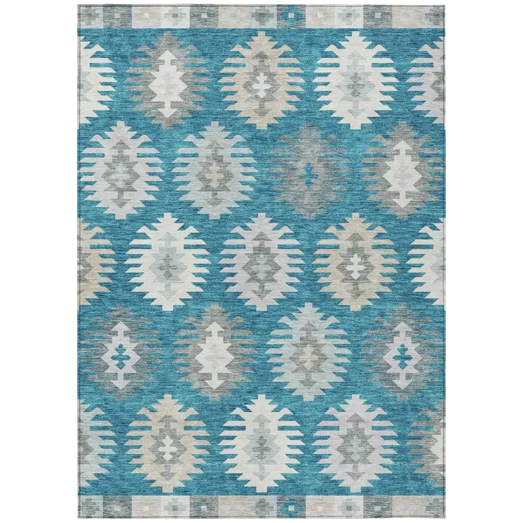 9' X 12' Teal Blue Ivory And Gray Southwestern Washable Indoor Outdoor Area Rug