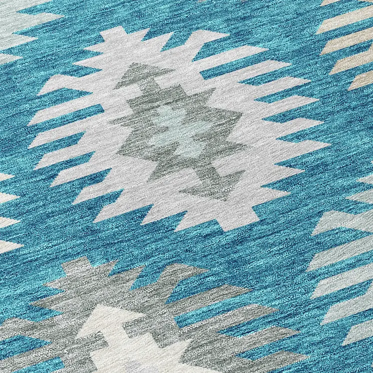 9' X 12' Teal Blue Ivory And Gray Southwestern Washable Indoor Outdoor Area Rug