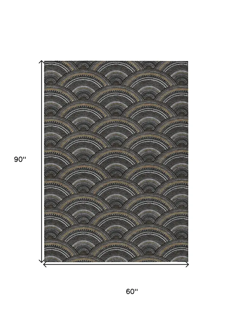 5' X 8' Black Ivory And Gold Geometric Washable Indoor Outdoor Area Rug