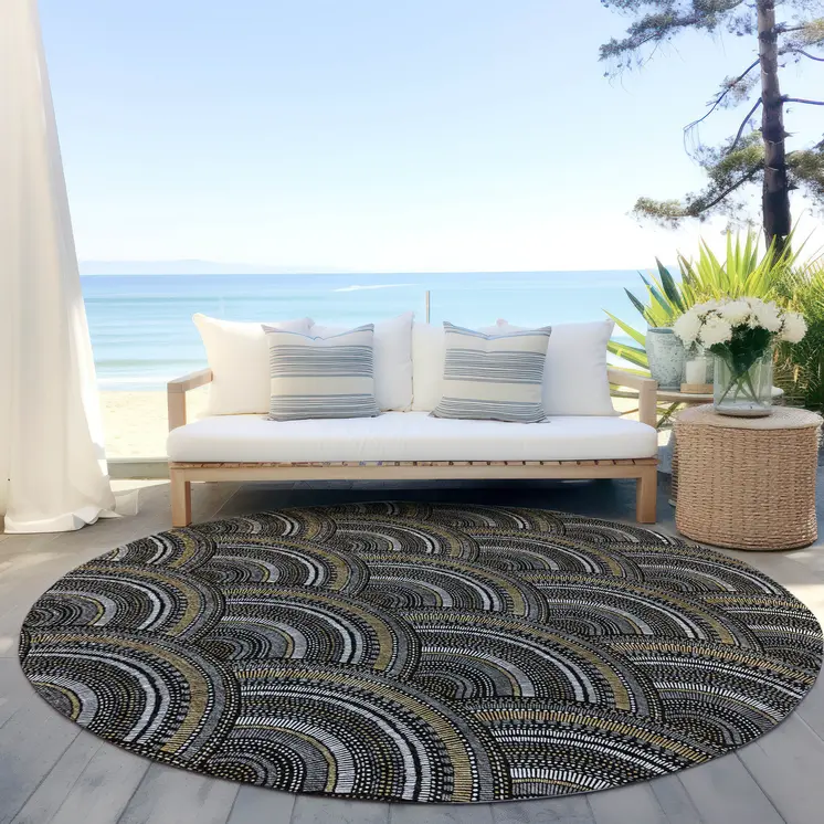 8' Black Ivory And Gold Round Geometric Washable Indoor Outdoor Area Rug
