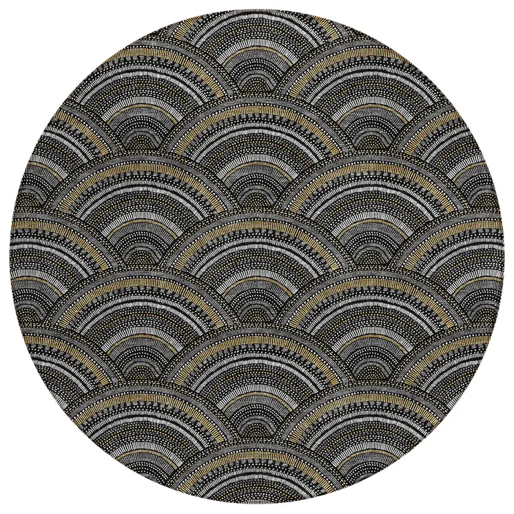 8' Black Ivory And Gold Round Geometric Washable Indoor Outdoor Area Rug