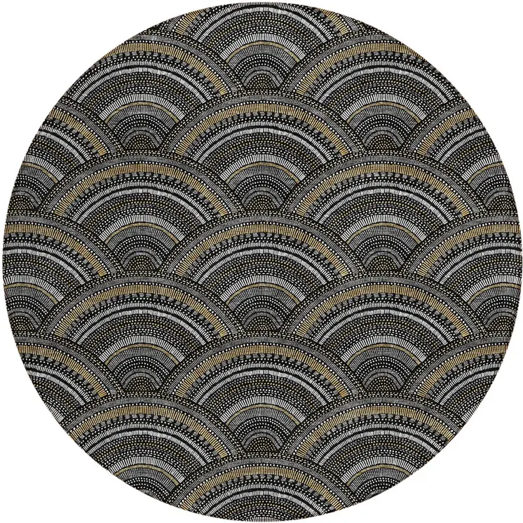 8' Black Ivory And Gold Round Geometric Washable Indoor Outdoor Area Rug