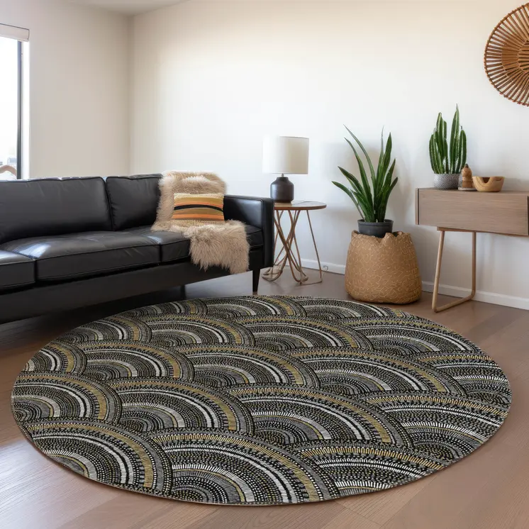 8' Black Ivory And Gold Round Geometric Washable Indoor Outdoor Area Rug
